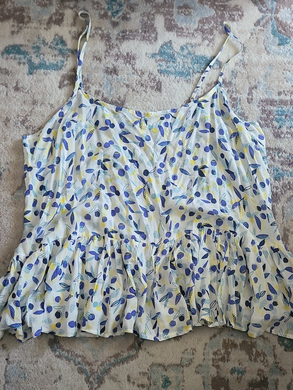 5 For $25Old Navy White Cami with Blue & Yellow Leaf Print and Ruffle Hem